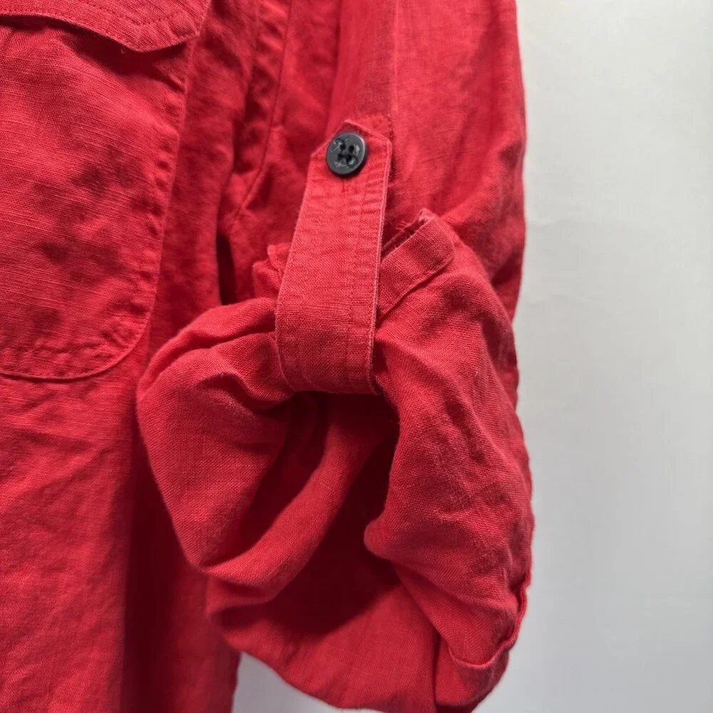 Lauren Ralph Lauren Women's Top Size L 100% Linen Solid Red Blue Anchor Roll Tab